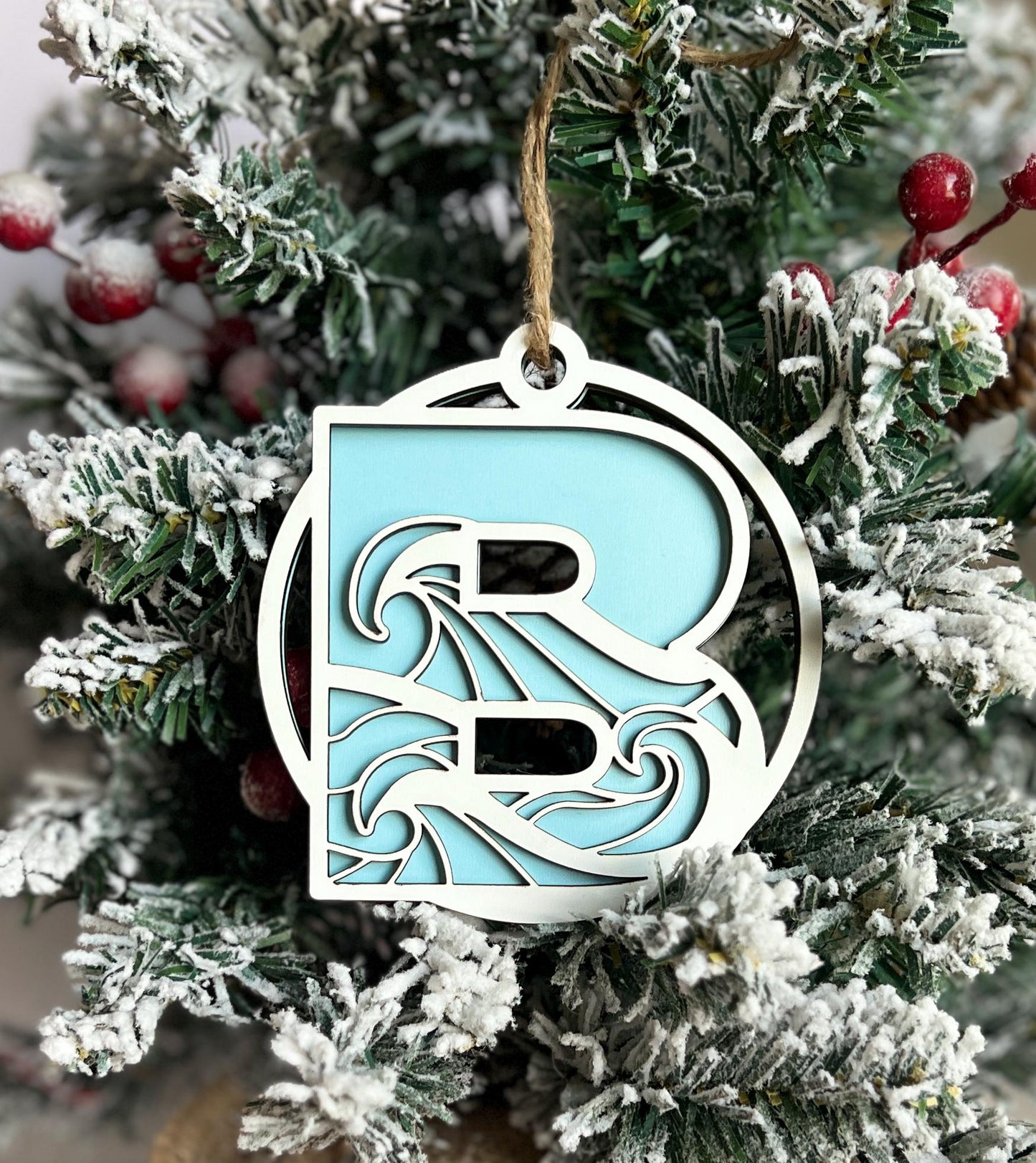 Monogram Wave Christmas Ornament, Beach Lover Gift, Florida Beach Present, Xmas Gift, Florida Vacation Keepsake, Family Monogram