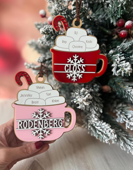 Personalized Family Christmas Ornament, Customized Family Name Ornament, Hot Cocoa Mug, Grandparent Ornament with names, Gift for Mom