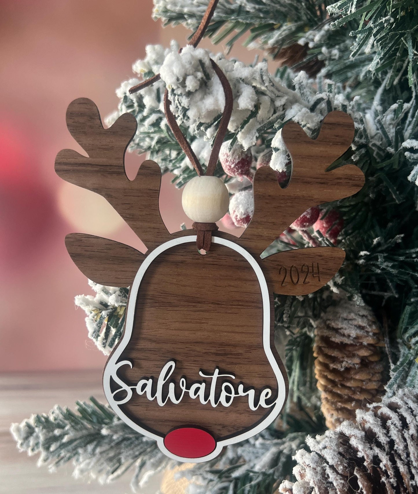 Custom Reindeer Ornament, Personalized Rudolph stocking tag, kids ornament, 3D gift tag, farmhouse Christmas