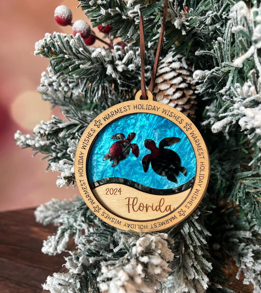 Personalized Beach Christmas Ornament, Fish Scuba Diver Sea Turtles Dolphin, Beach Vacation Keepsake, Ocean Life Gift, Coral Reef, Palm Tree