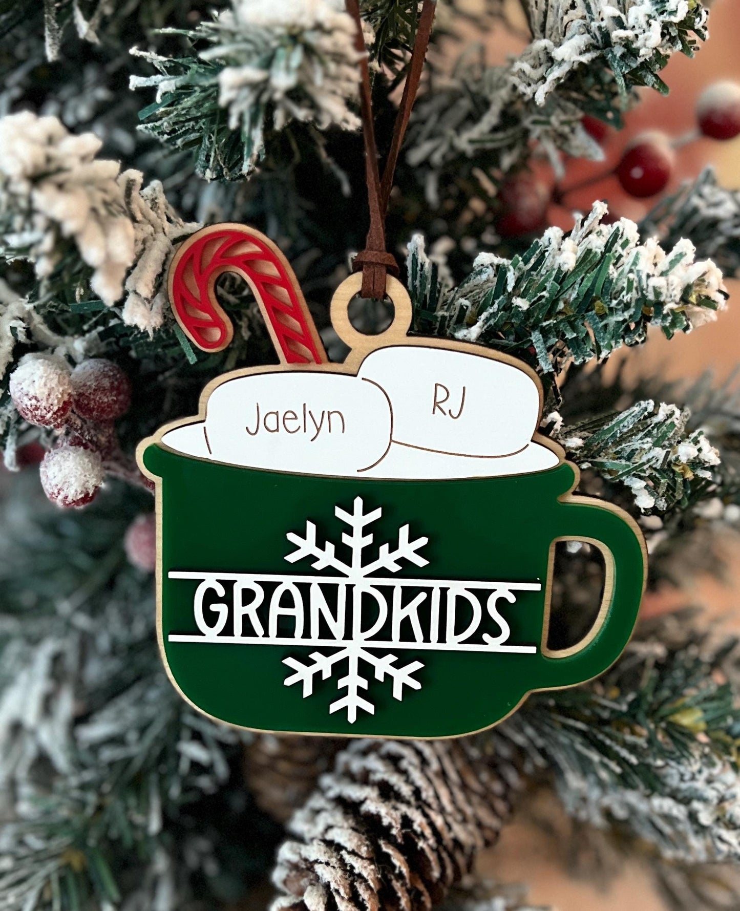 Personalized Family Christmas Ornament, Customized Family Name Ornament, Hot Cocoa Mug, Grandparent Ornament with names, Gift for Mom