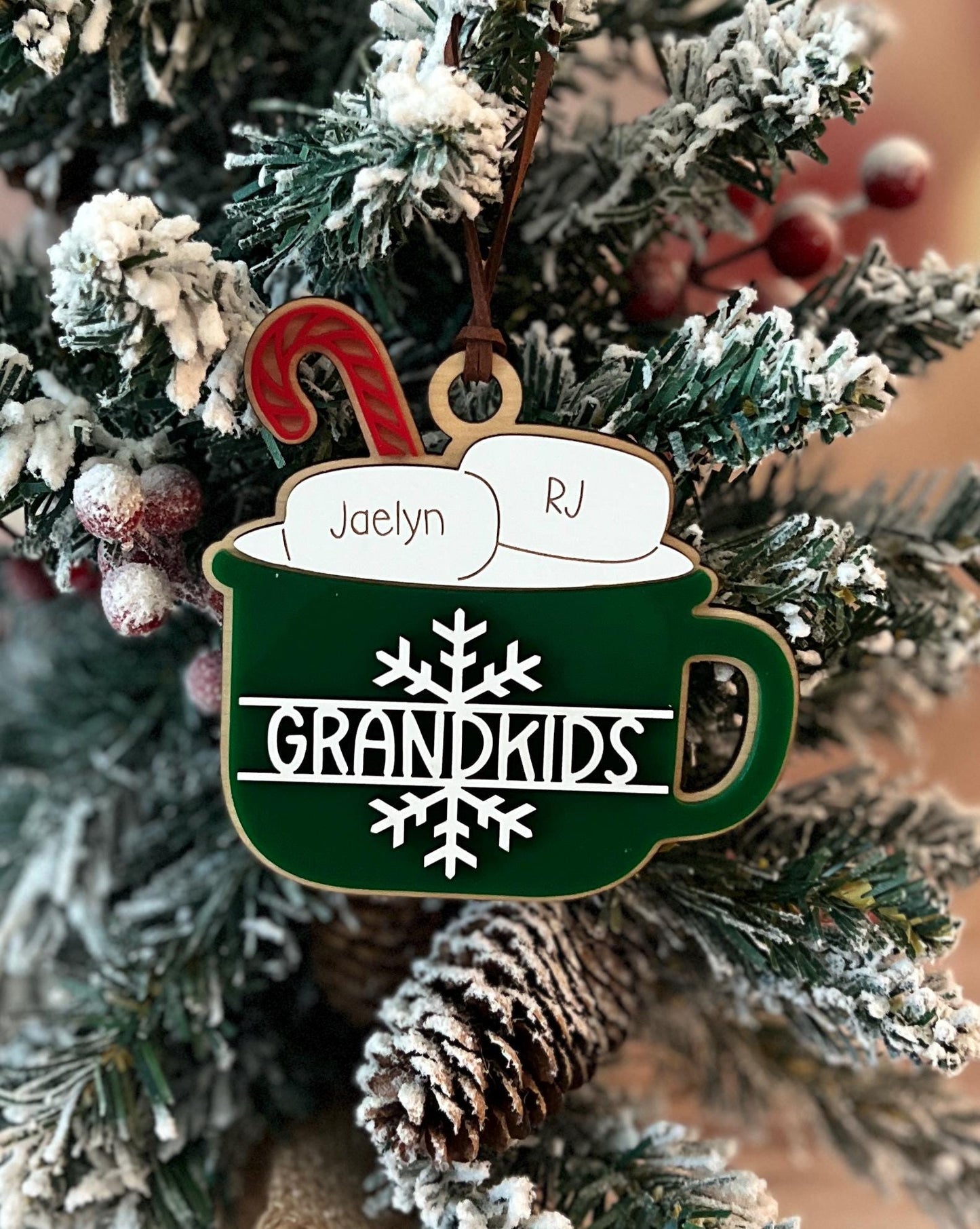 Personalized Family Christmas Ornament, Customized Family Name Ornament, Hot Cocoa Mug, Grandparent Ornament with names, Gift for Mom