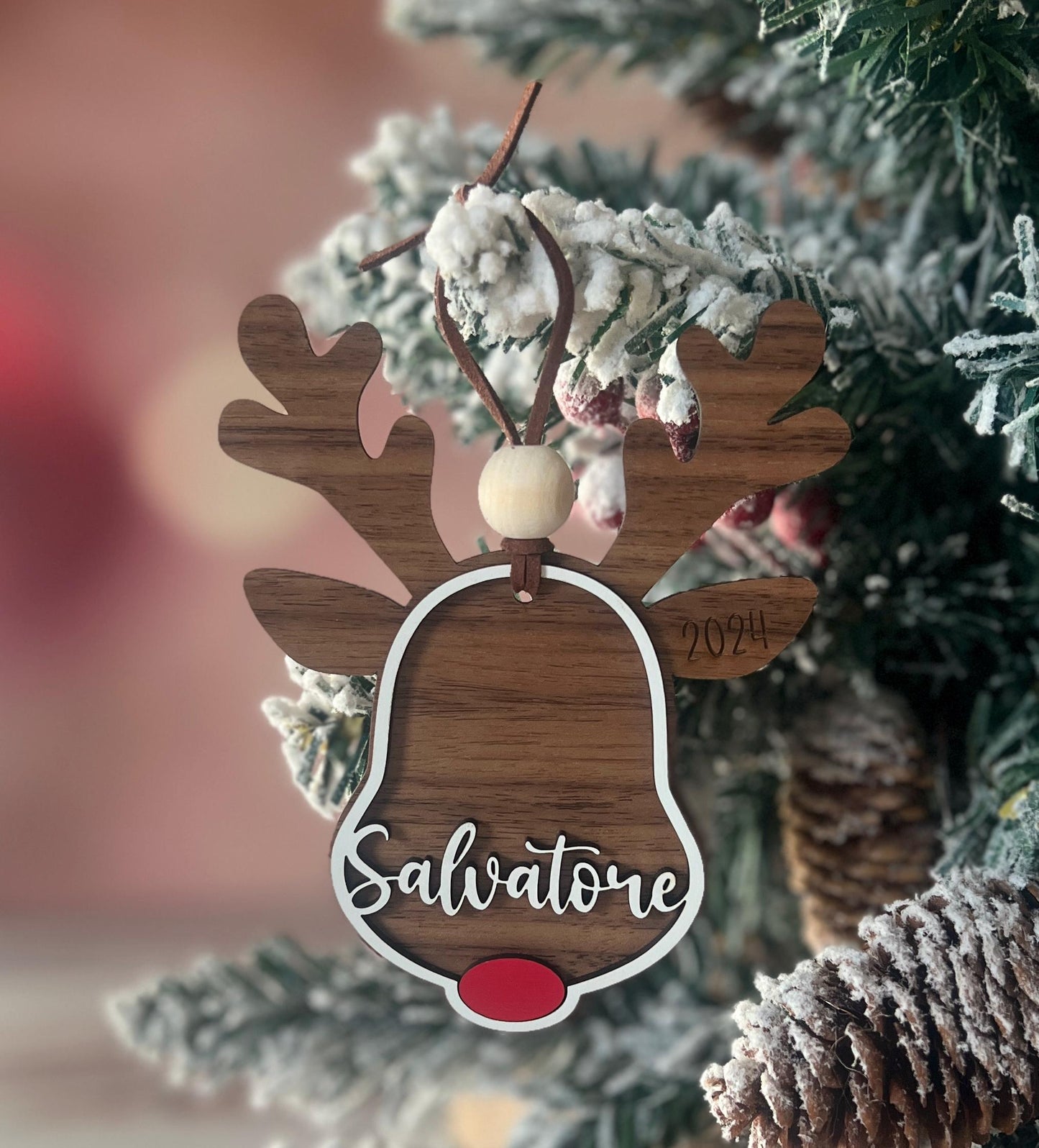 Custom Reindeer Ornament, Personalized Rudolph stocking tag, kids ornament, 3D gift tag, farmhouse Christmas
