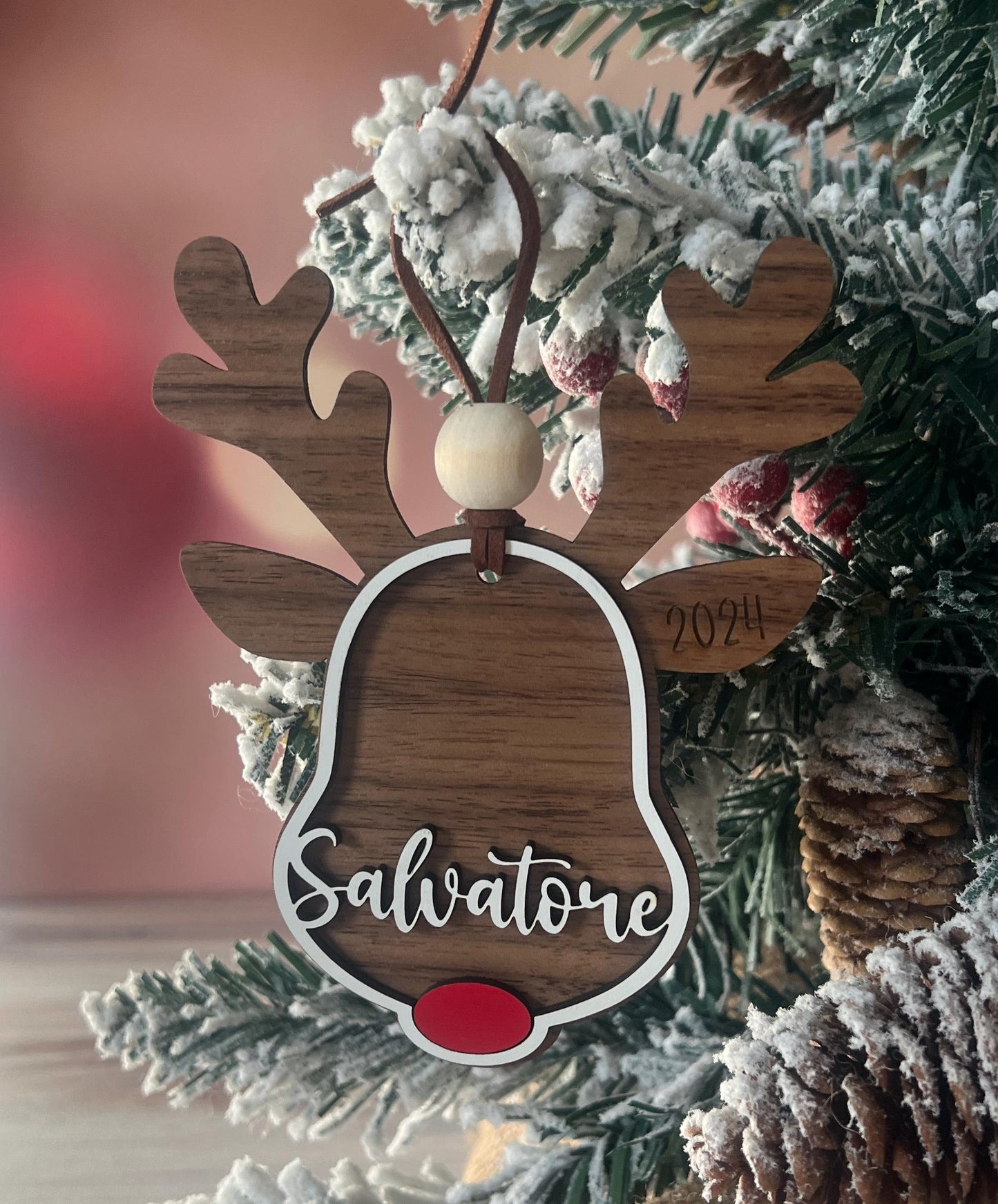 Custom Reindeer Ornament, Personalized Rudolph stocking tag, kids ornament, 3D gift tag, farmhouse Christmas