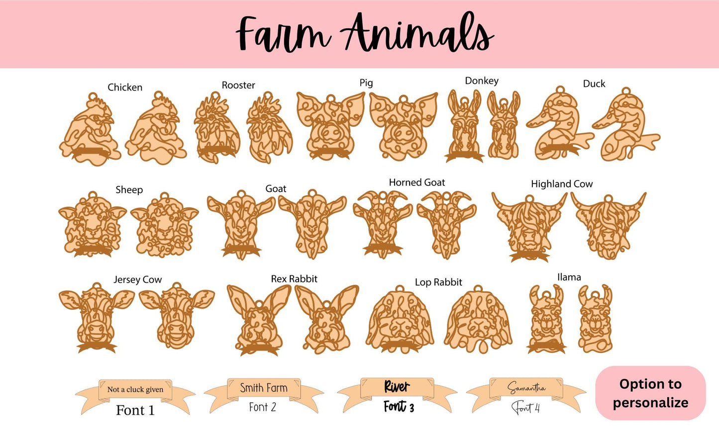 Personalized Farm Animal Ornaments, Chicken Coop, Highland Cow, Sheep, Duck, Pig, Goat,  Rabbit, Donkey, Llama, Animal Lover