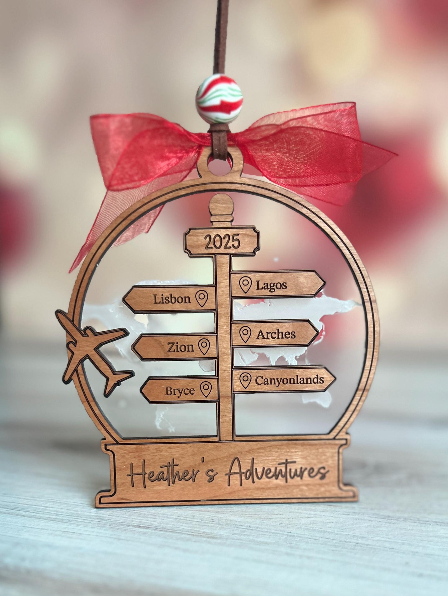 Personalized Travel Adventure Christmas Ornament, Custom Gift for World Traveler, Destination, Traveling, Vacation Keepsake, Travel Gift
