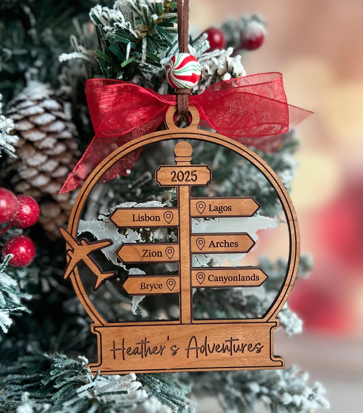 Personalized Travel Adventure Christmas Ornament, Custom Gift for World Traveler, Destination, Traveling, Vacation Keepsake, Travel Gift