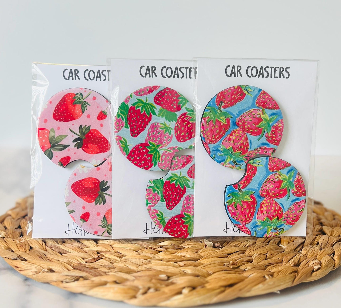 Strawberry Car Coasters Set of 2, Strawberry Lover, Neoprene Car Accessories, Cute Pink Aesthetic Car Decor, Gift for Her