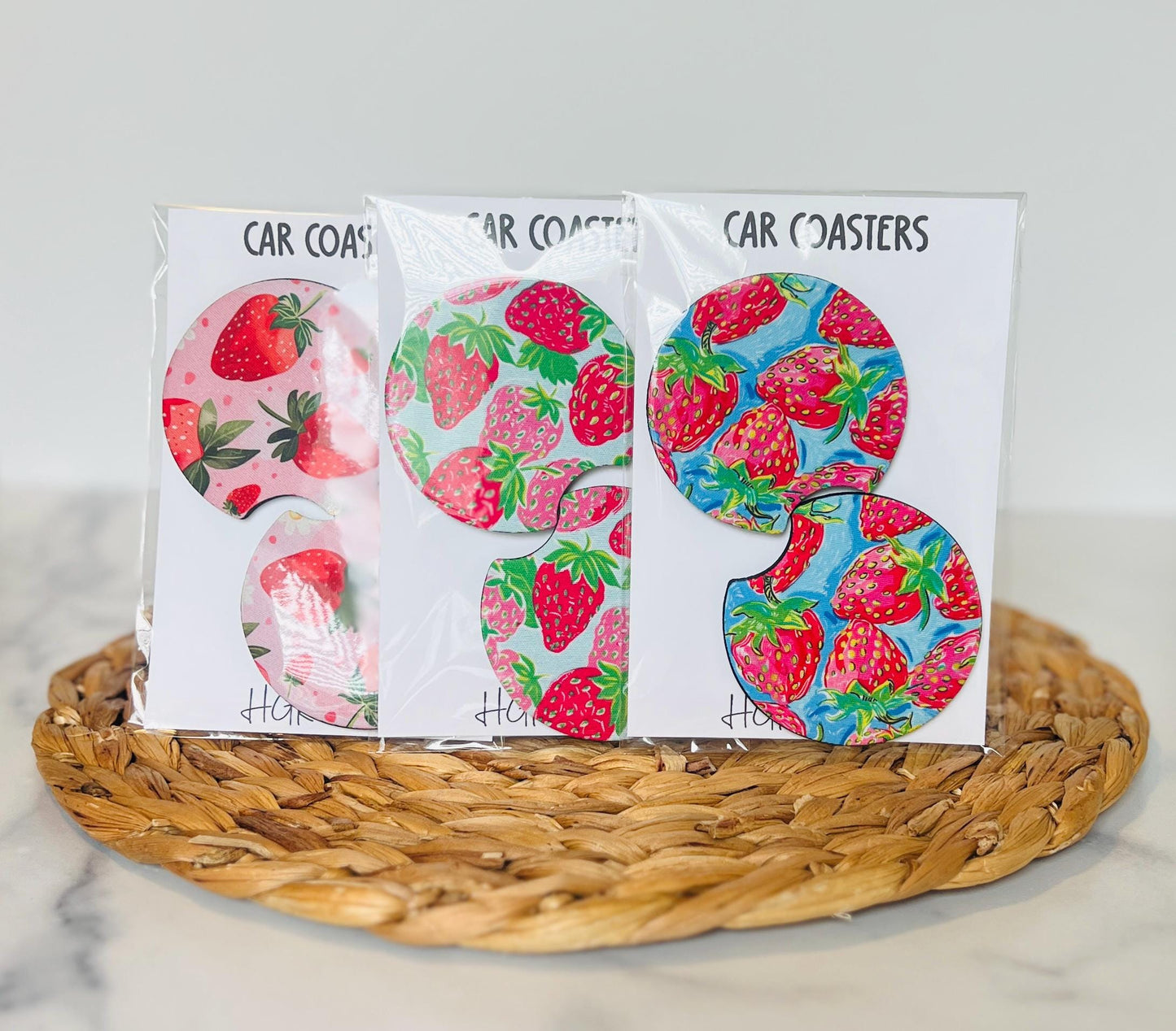 Strawberry Car Coasters Set of 2, Strawberry Lover, Neoprene Car Accessories, Cute Pink Aesthetic Car Decor, Gift for Her