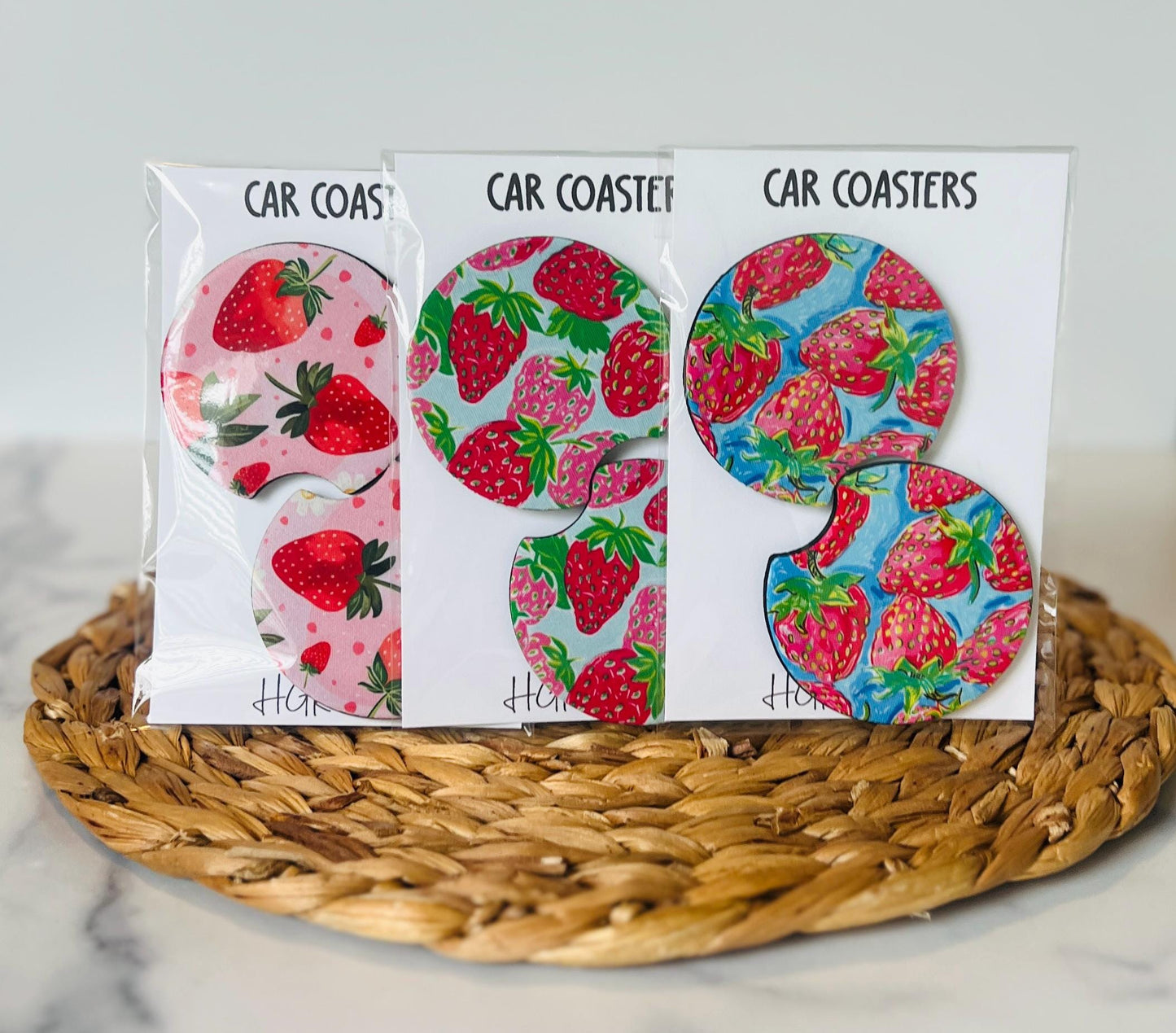 Strawberry Car Coasters Set of 2, Strawberry Lover, Neoprene Car Accessories, Cute Pink Aesthetic Car Decor, Gift for Her