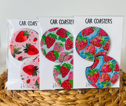 Strawberry Car Coasters Set of 2, Strawberry Lover, Neoprene Car Accessories, Cute Pink Aesthetic Car Decor, Gift for Her