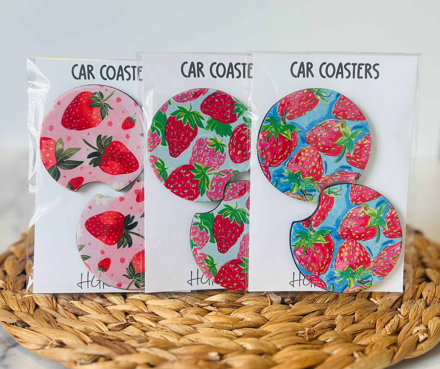 Strawberry Car Coasters Set of 2, Strawberry Lover, Neoprene Car Accessories, Cute Pink Aesthetic Car Decor, Gift for Her
