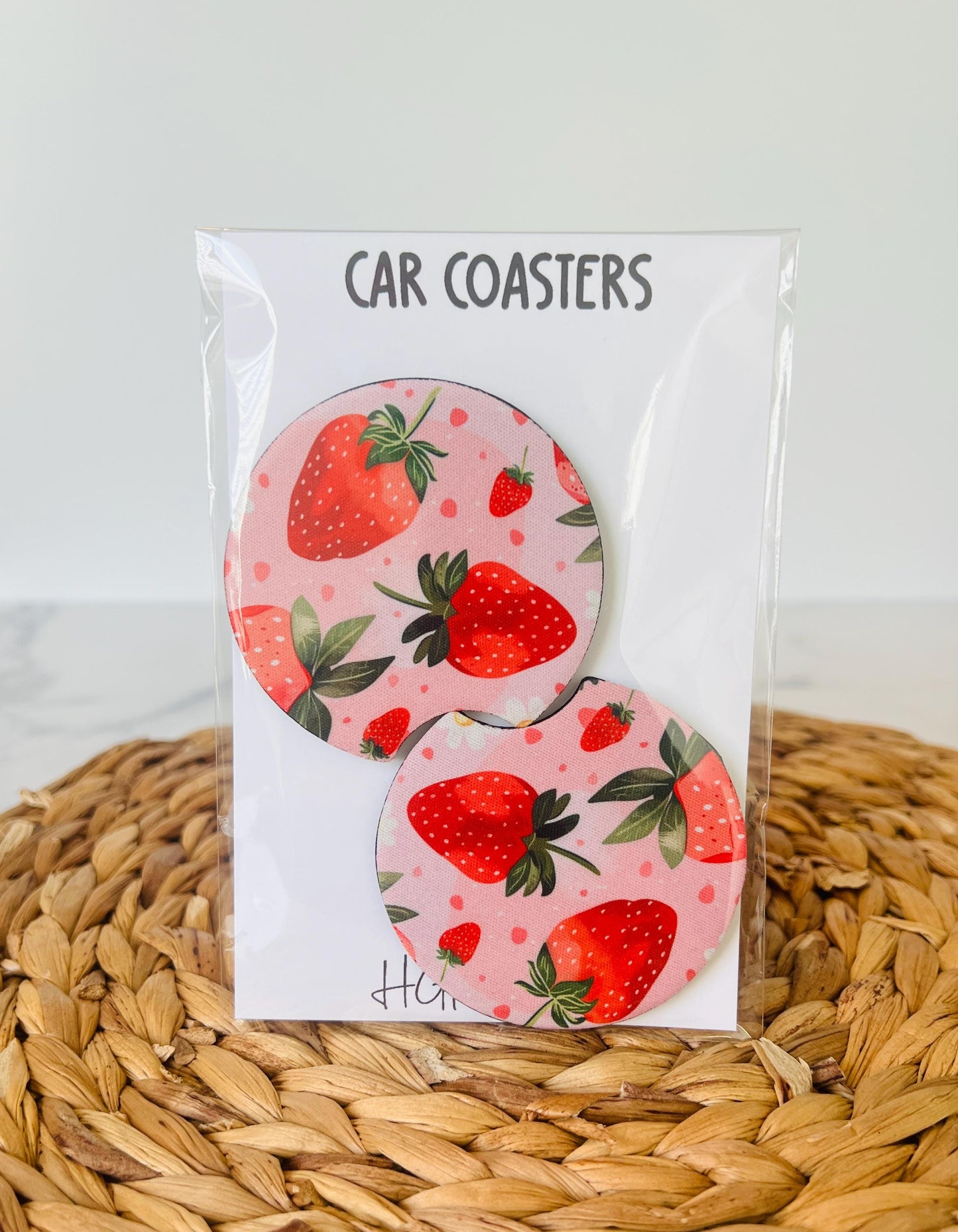 Strawberry Car Coasters Set of 2, Strawberry Lover, Neoprene Car Accessories, Cute Pink Aesthetic Car Decor, Gift for Her