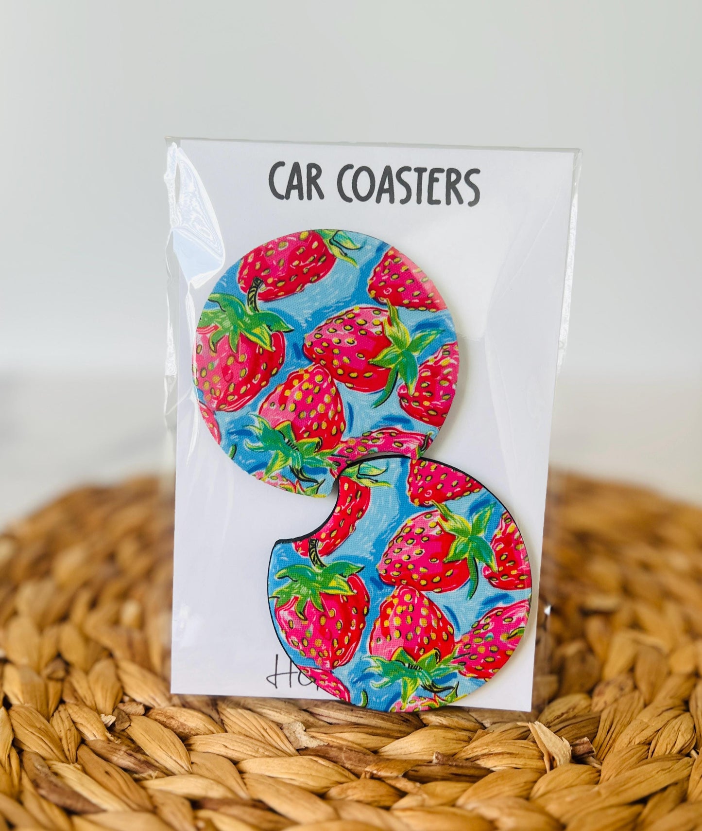 Strawberry Car Coasters Set of 2, Strawberry Lover, Neoprene Car Accessories, Cute Pink Aesthetic Car Decor, Gift for Her
