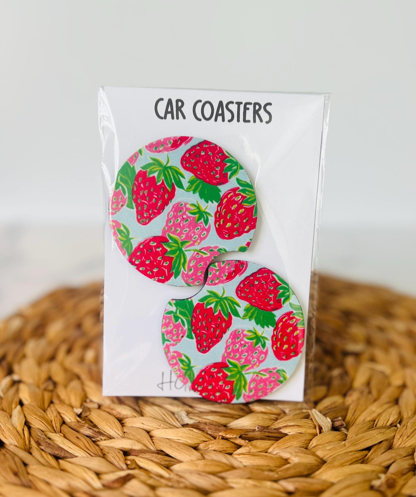 Strawberry Car Coasters Set of 2, Strawberry Lover, Neoprene Car Accessories, Cute Pink Aesthetic Car Decor, Gift for Her