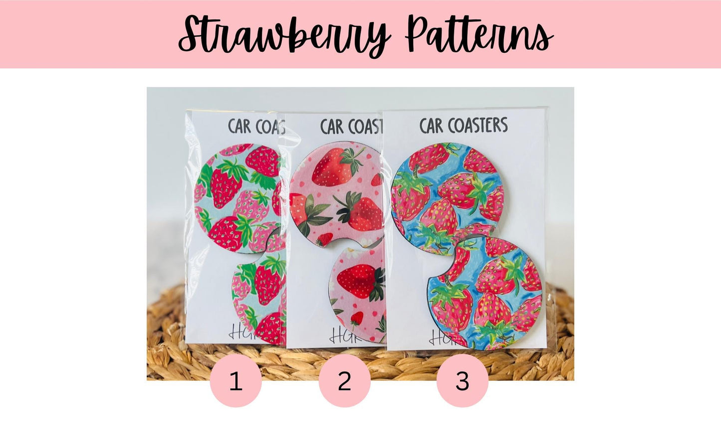 Strawberry Car Coasters Set of 2, Strawberry Lover, Neoprene Car Accessories, Cute Pink Aesthetic Car Decor, Gift for Her