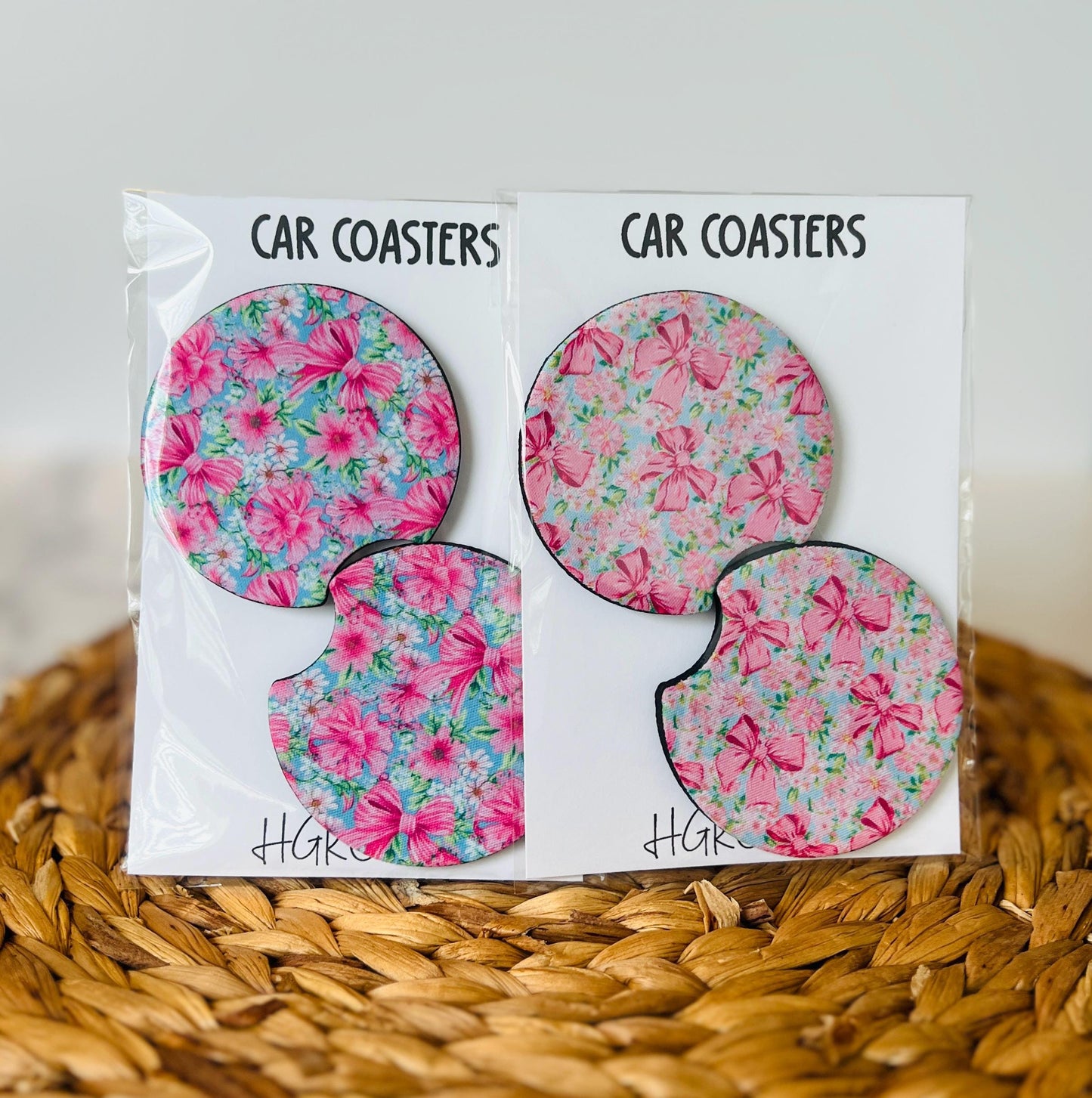 Preppy Coquette Bow Car Coaster Set, Gift for Her, Car Accessories, Cup Holder Decor, Trucks & SUVs, Stylish Drink Accessories
