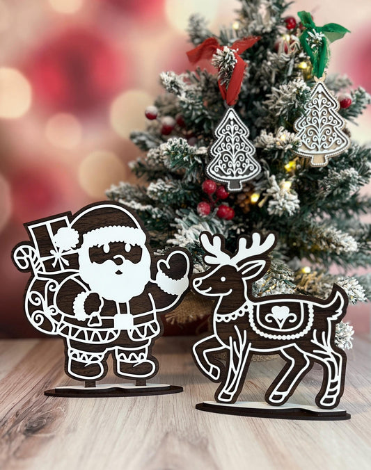 Christmas Shelf Decor Indoor, Wooden Santa Shelf Sitter, Reindeer & Tree Sets, Holiday Mantel Decor