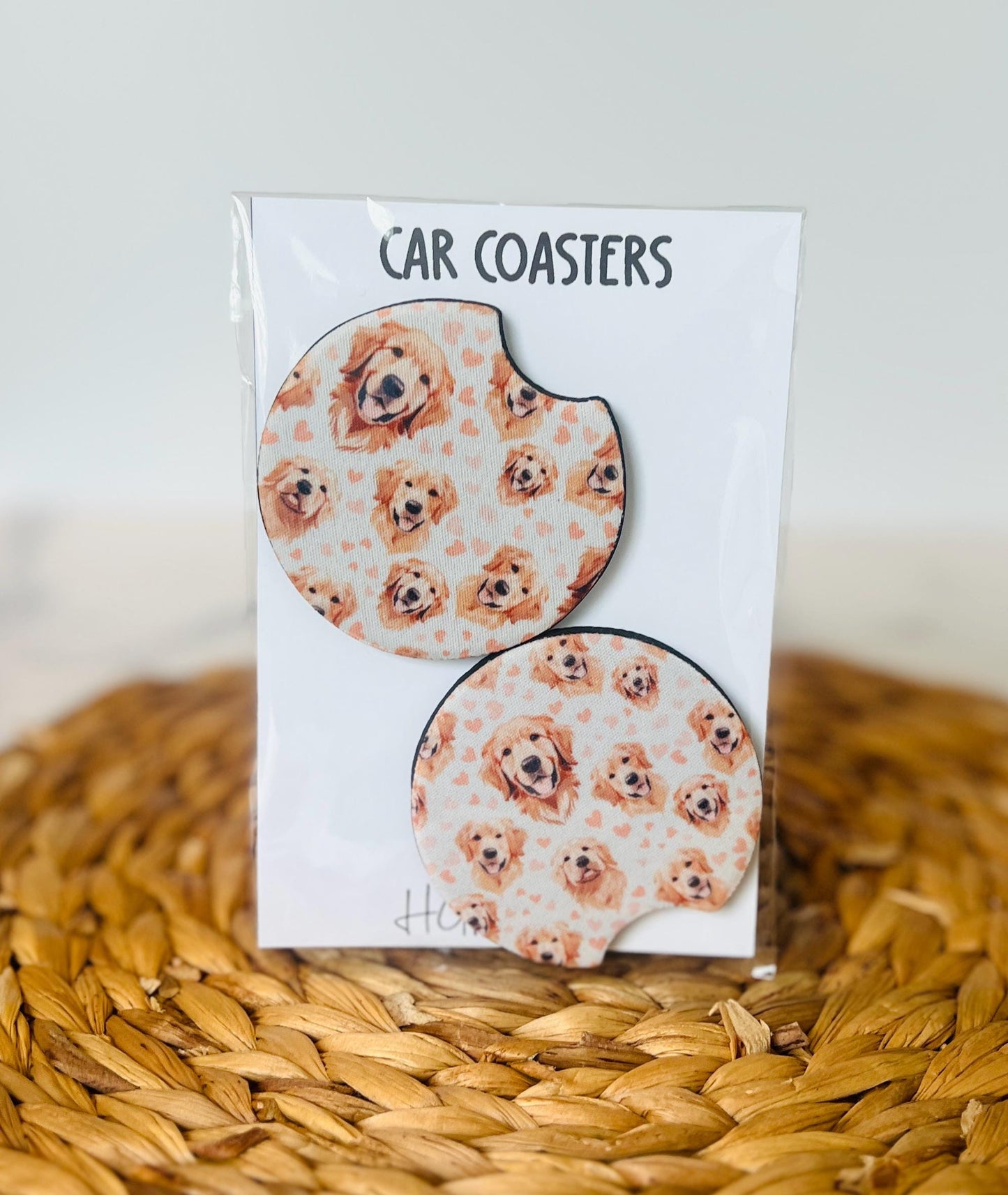 Golden Retriever Car Coaster Set, Dog Lover Gift, Car Accessories, Cup Holder