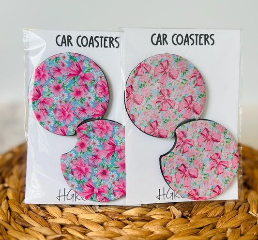 Preppy Coquette Bow Car Coaster Set, Gift for Her, Car Accessories, Cup Holder Decor, Trucks & SUVs, Stylish Drink Accessories
