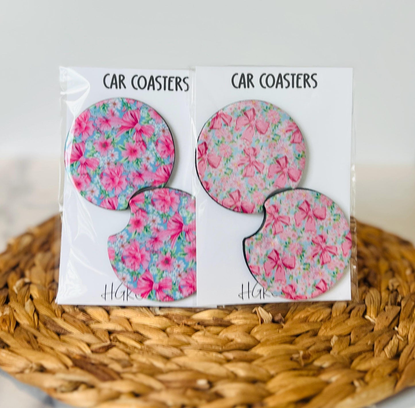 Preppy Coquette Bow Car Coaster Set, Gift for Her, Car Accessories, Cup Holder Decor, Trucks & SUVs, Stylish Drink Accessories