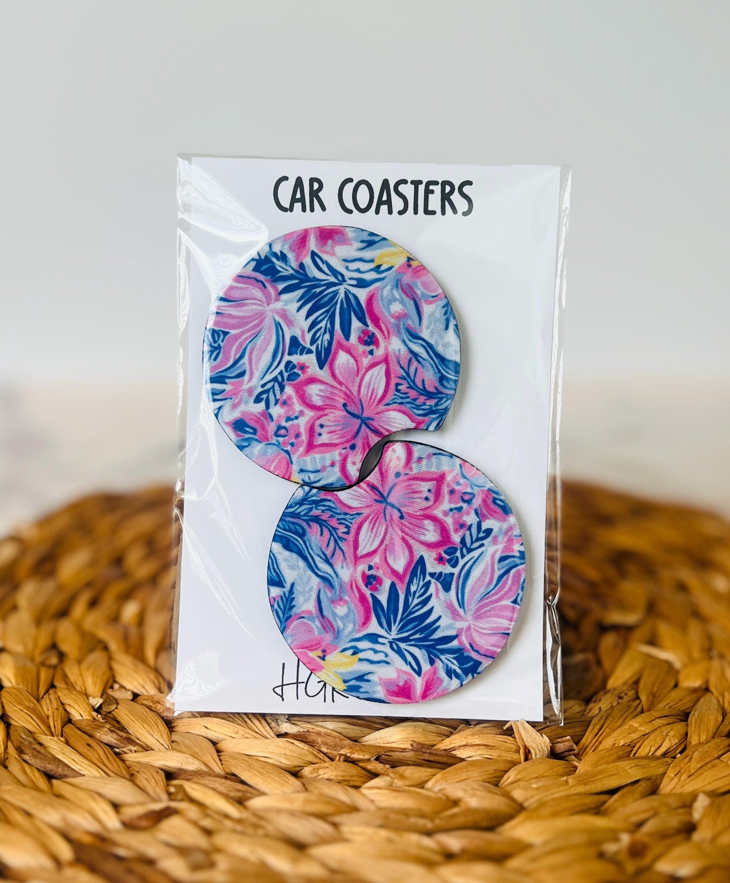 Preppy Floral Car Coaster Set, Gift for Her, Car Accessories, Cup Holder Decor, Trucks & SUVs, Stylish Drink Accessories