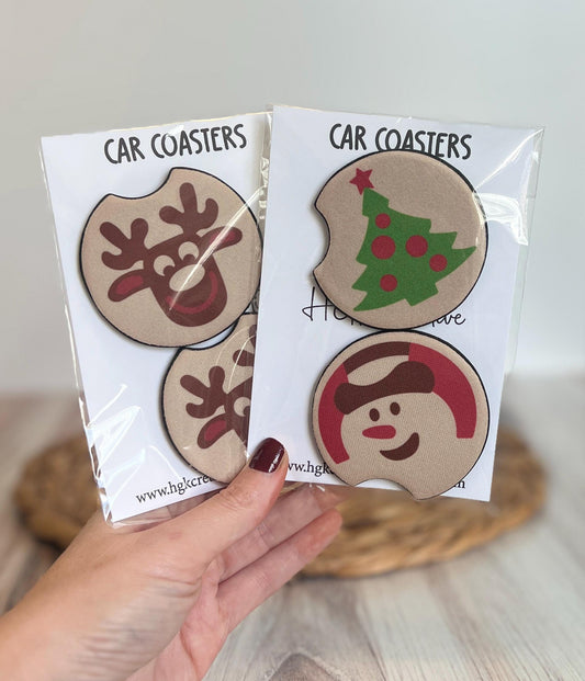 Christmas Sugar Cookie Car Coaster Set, Holiday Car Accessories, Retro Snowman, Tree, Reindeer Cup Holder