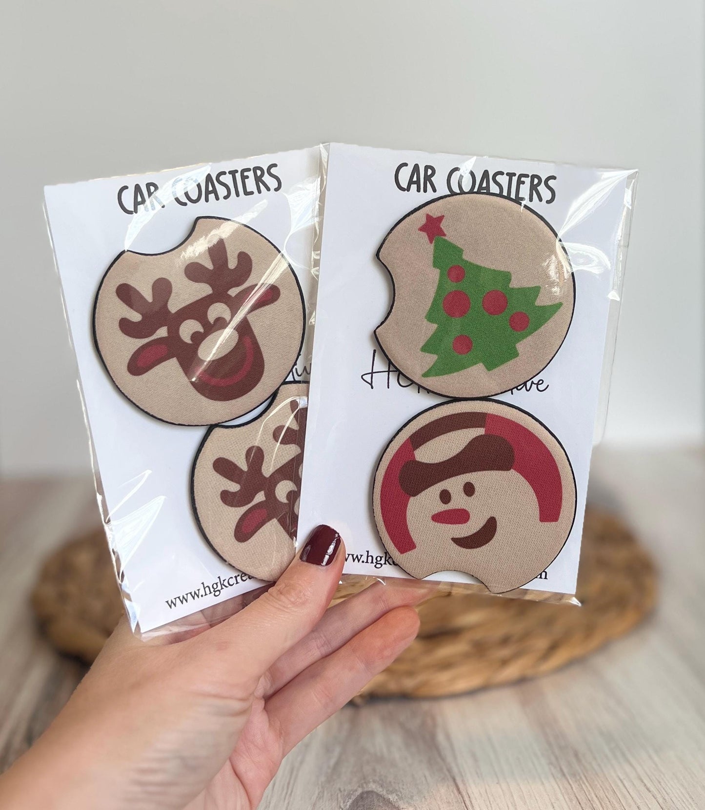 Christmas Sugar Cookie Car Coaster Set, Holiday Car Accessories, Retro Snowman, Tree, Reindeer Cup Holder