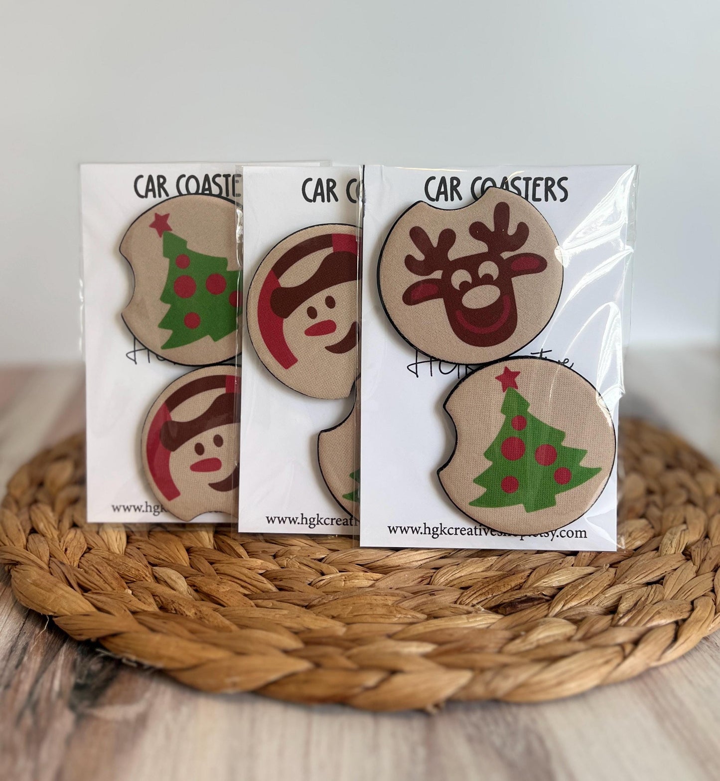 Christmas Sugar Cookie Car Coaster Set, Holiday Car Accessories, Retro Snowman, Tree, Reindeer Cup Holder