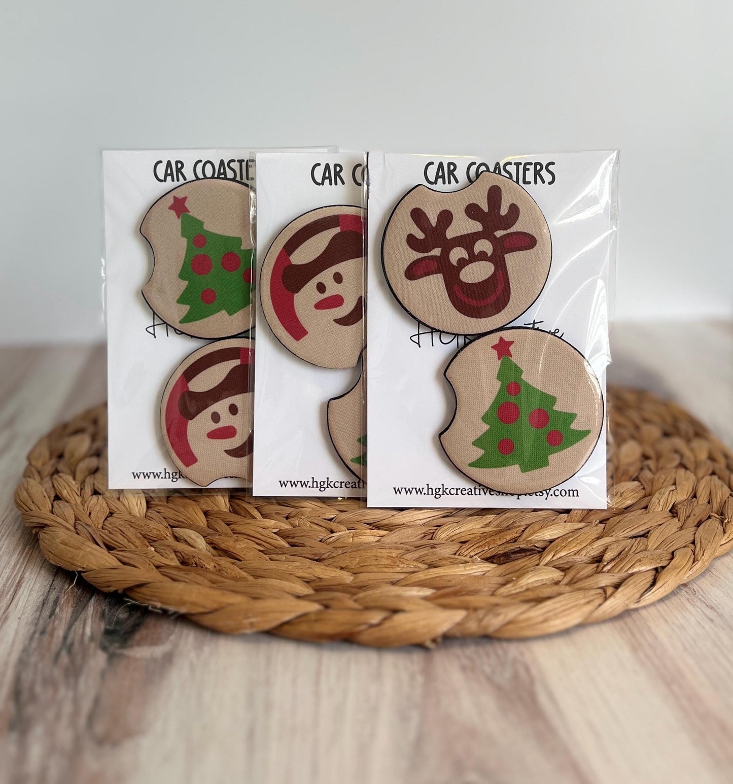 Christmas Sugar Cookie Car Coaster Set, Holiday Car Accessories, Retro Snowman, Tree, Reindeer Cup Holder