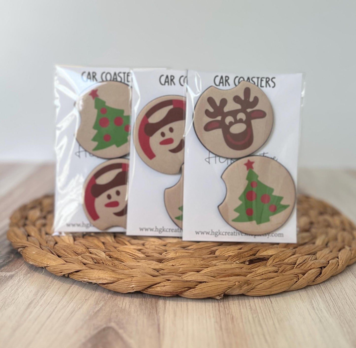 Christmas Sugar Cookie Car Coaster Set, Holiday Car Accessories, Retro Snowman, Tree, Reindeer Cup Holder