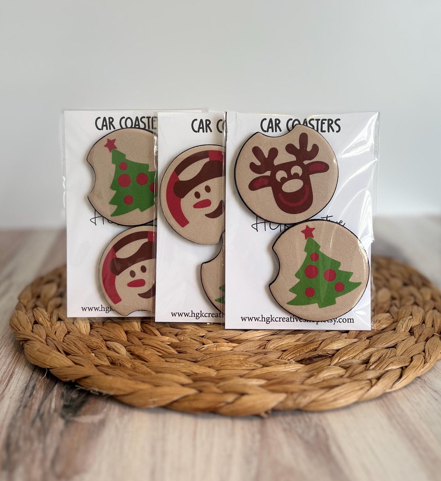 Christmas Sugar Cookie Car Coaster Set, Holiday Car Accessories, Retro Snowman, Tree, Reindeer Cup Holder